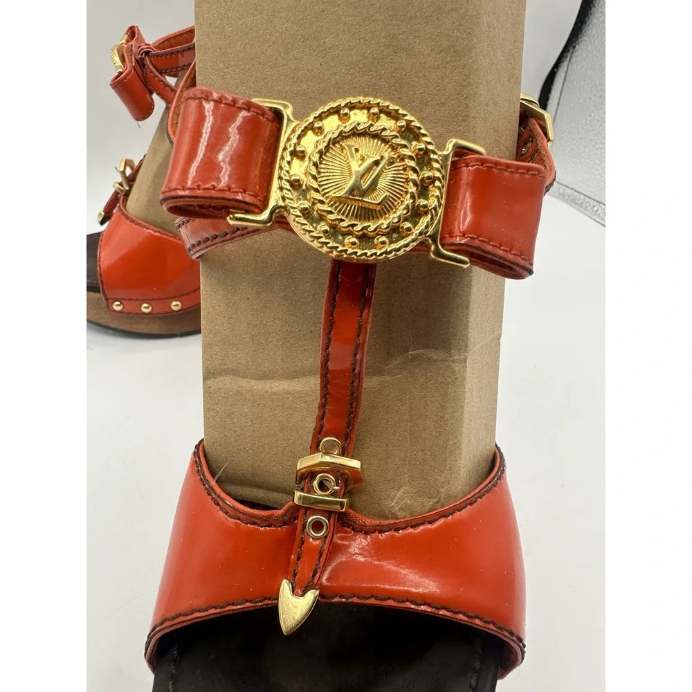 Louis Vuitton Patent Leather T-Strap Platform Sandals Red Orange Gold LV Heels